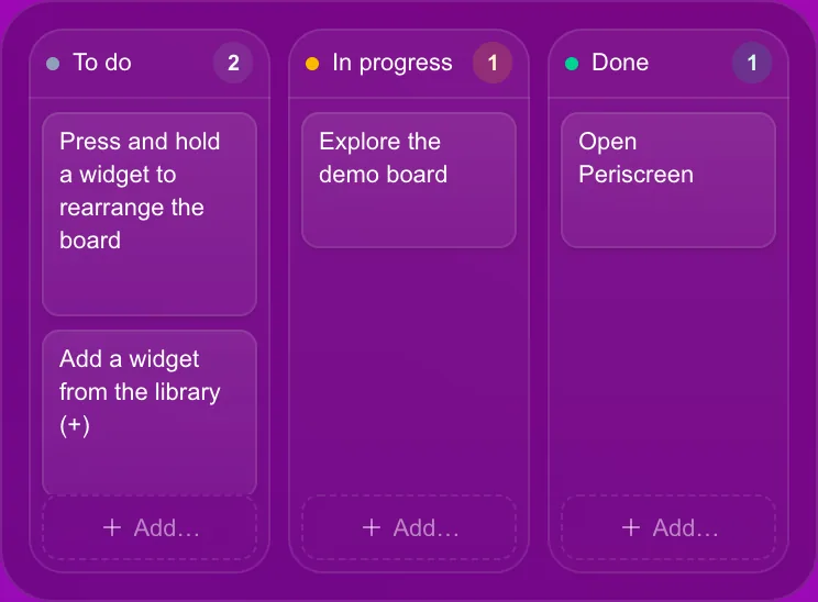 The Kanban widget of the app: To do, In progress and Done columns, each with an Add button.