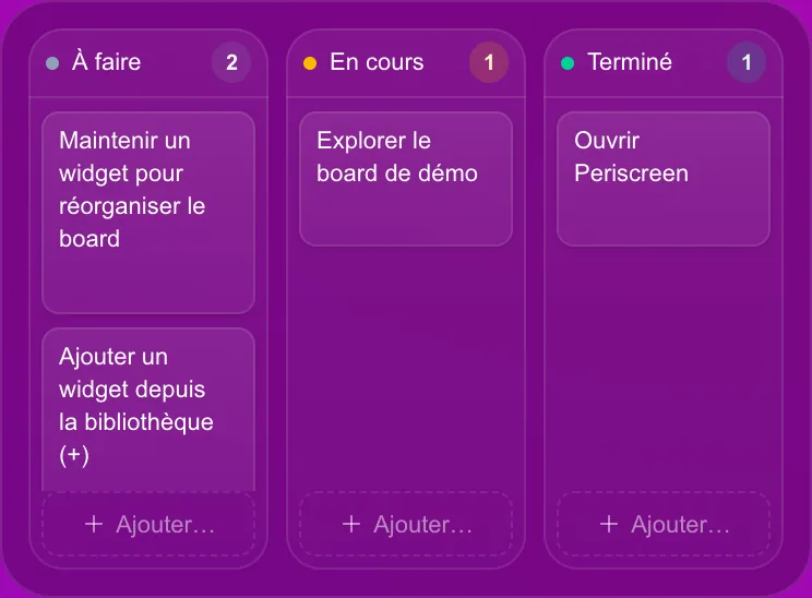 Le widget Kanban de l’app : colonnes À faire, En cours et Terminé, chacune avec un bouton Ajouter.