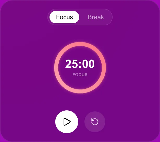 The Focus timer widget of the app: Focus and Break modes, a 25:00 ring, a play and a reset button.