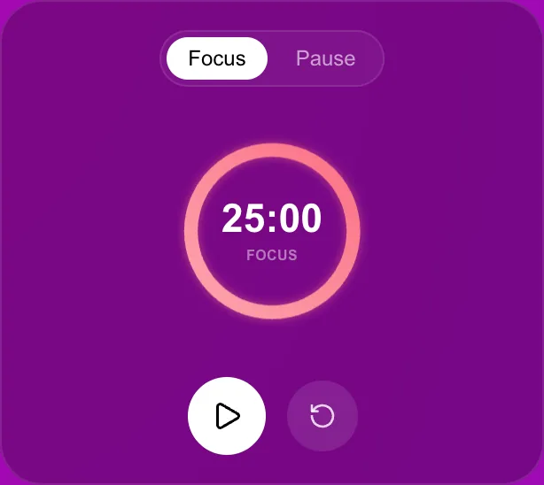 Le widget de minuteur de l’app : modes Focus et Pause, un anneau à 25:00, un bouton lecture et un bouton remise à zéro.